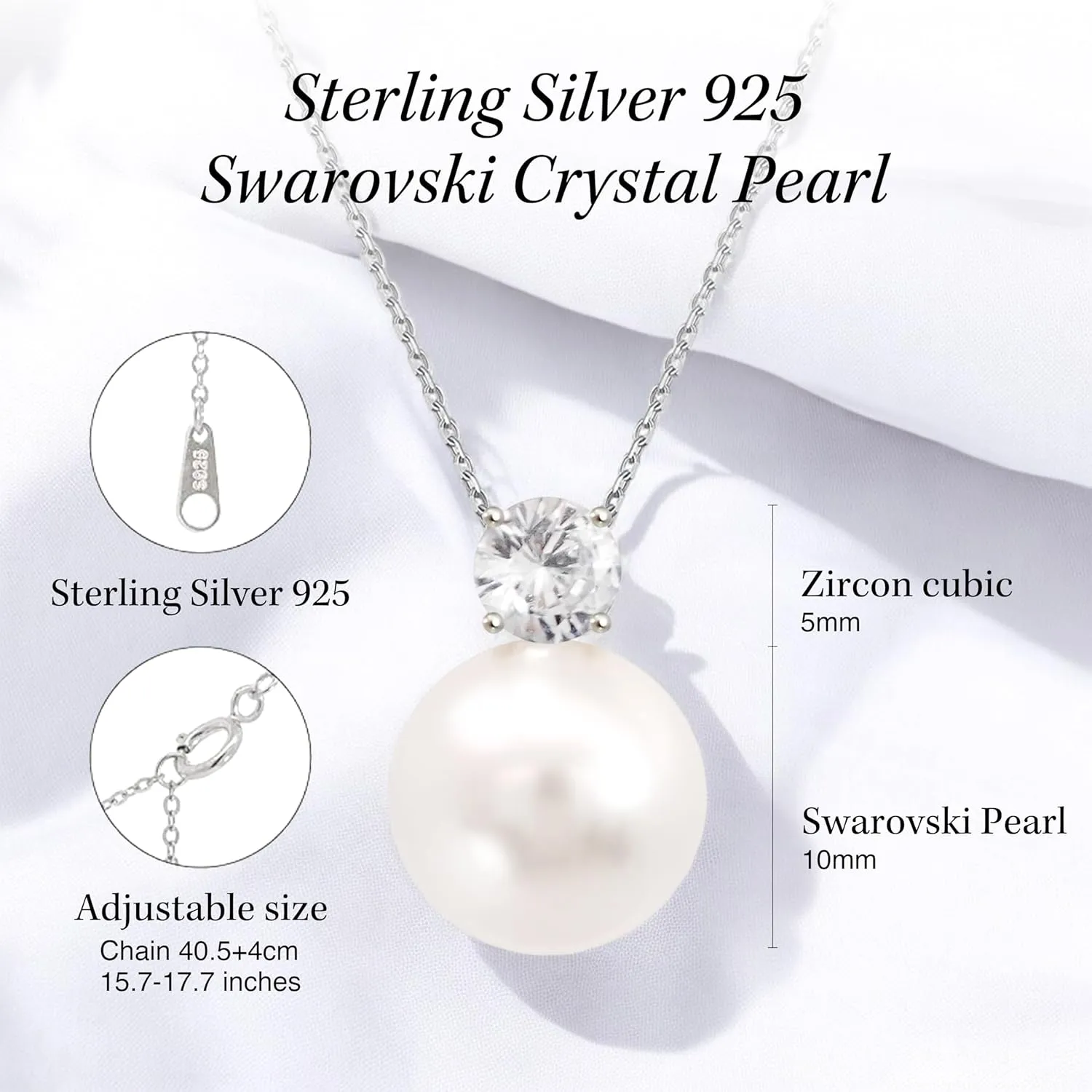 Dianie Pearl Earrings and Necklace made with Crystal Pearls Sterling silver 925 chain with Cubic Zirconia 5mm White and Grey Pearl 10mm Gift for Wedding Bridal Birthday