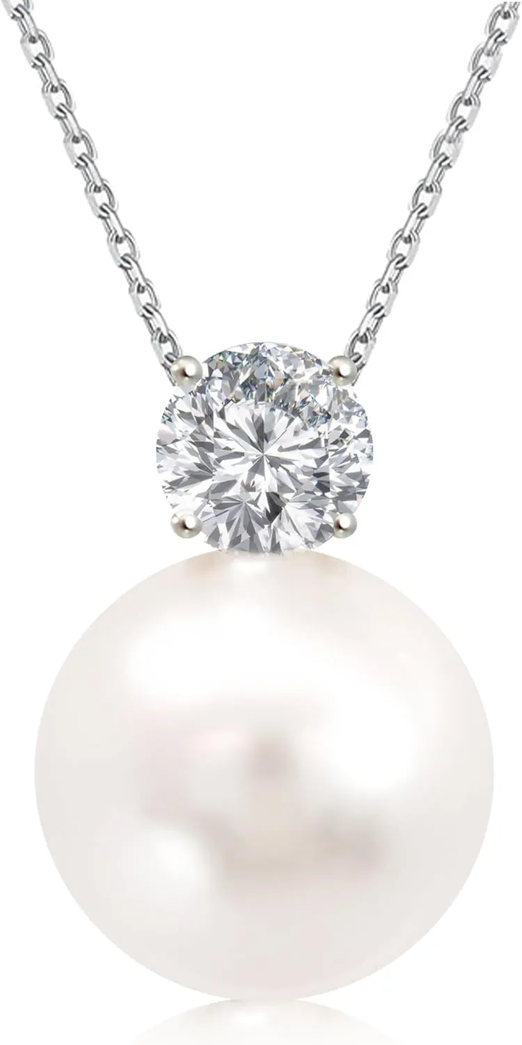 Dianie Pearl Earrings and Necklace made with Crystal Pearls Sterling silver 925 chain with Cubic Zirconia 5mm White and Grey Pearl 10mm Gift for Wedding Bridal Birthday