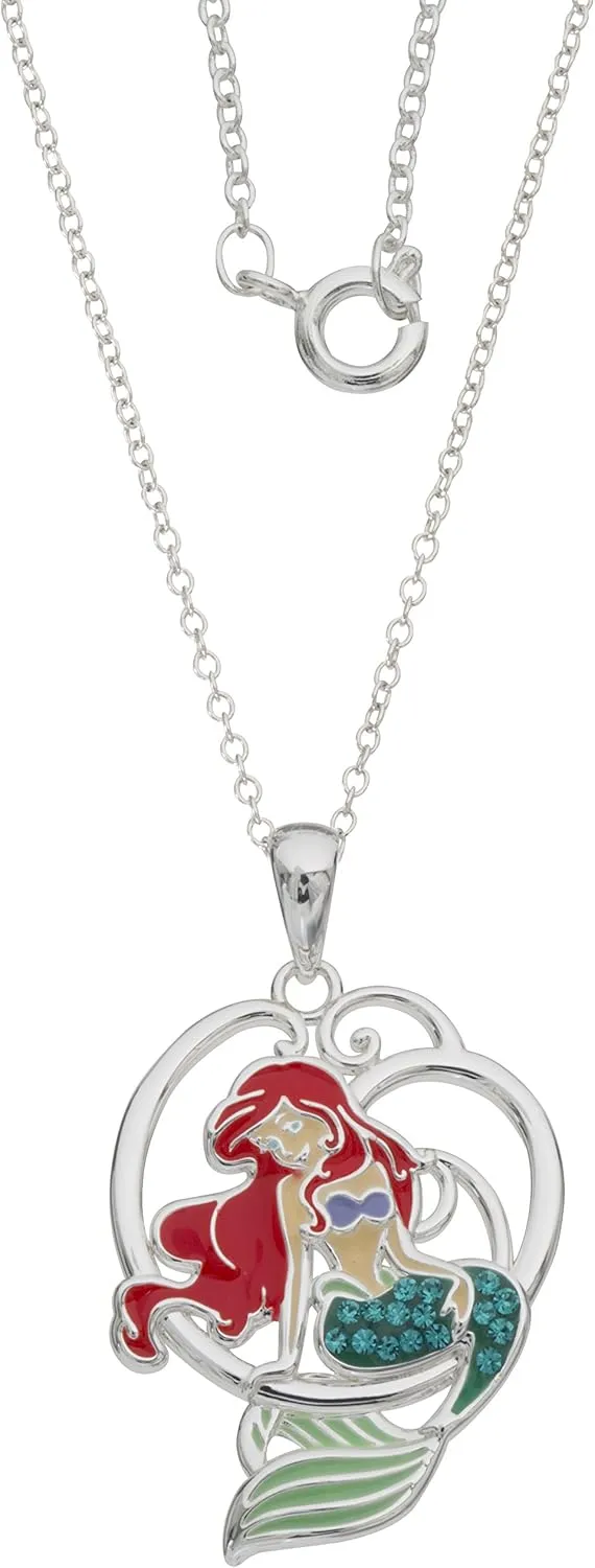 Disney Jewelry for Women, Little Mermaid Ariel Silver Plated Necklace Pendants, Rainbow Crystal, Rainbow Glitter, Crystal Seashell Accents, 18"