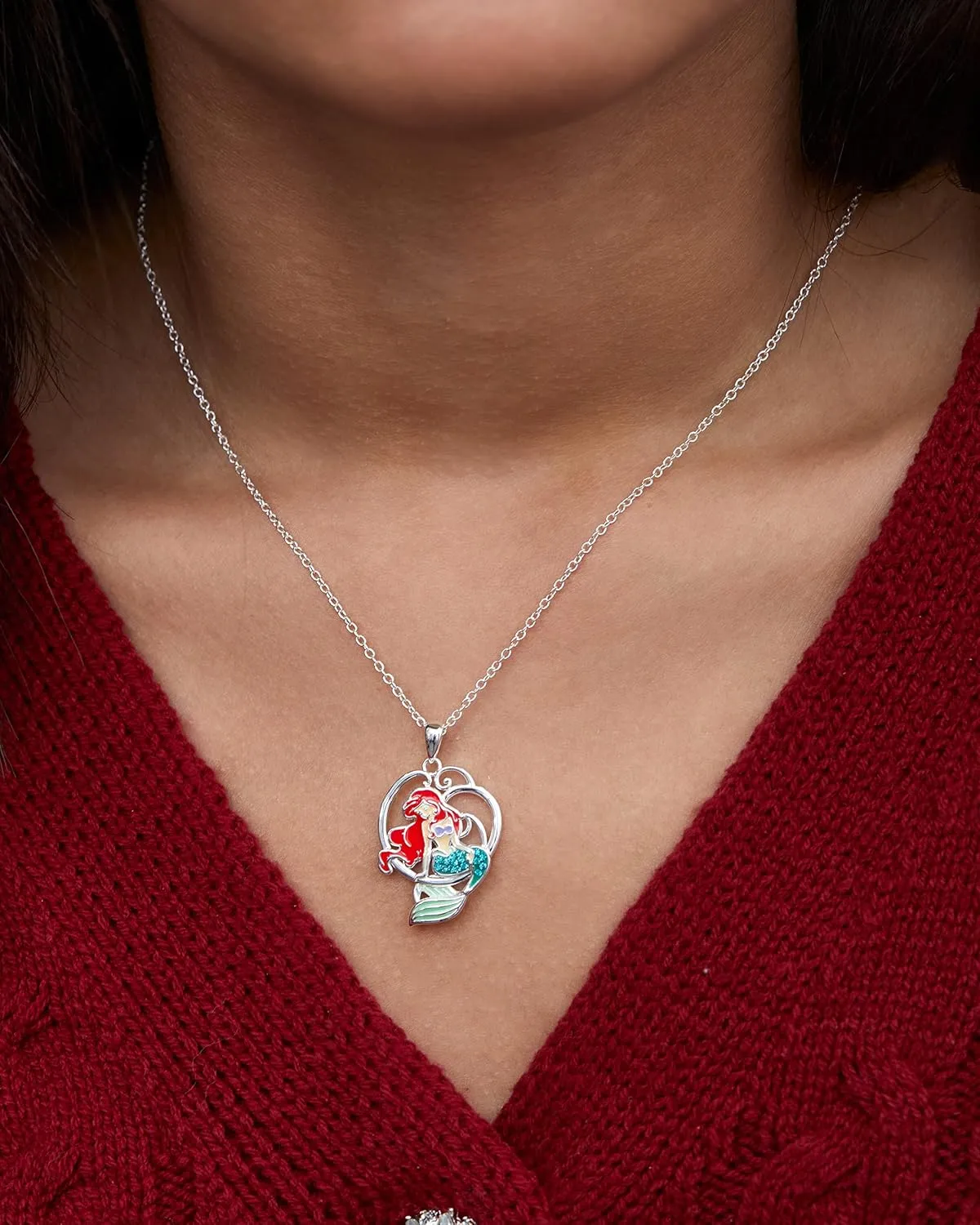 Disney Jewelry for Women, Little Mermaid Ariel Silver Plated Necklace Pendants, Rainbow Crystal, Rainbow Glitter, Crystal Seashell Accents, 18"