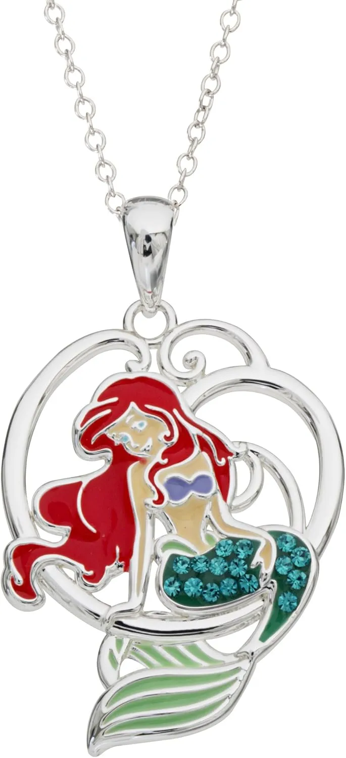 Disney Jewelry for Women, Little Mermaid Ariel Silver Plated Necklace Pendants, Rainbow Crystal, Rainbow Glitter, Crystal Seashell Accents, 18"