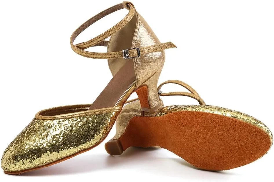 DKZSYIM Glitter Women Latin Dance Shoes Closed Toe Ballroom Tango Practice Performence Dancing Shoes,Model WX-MD