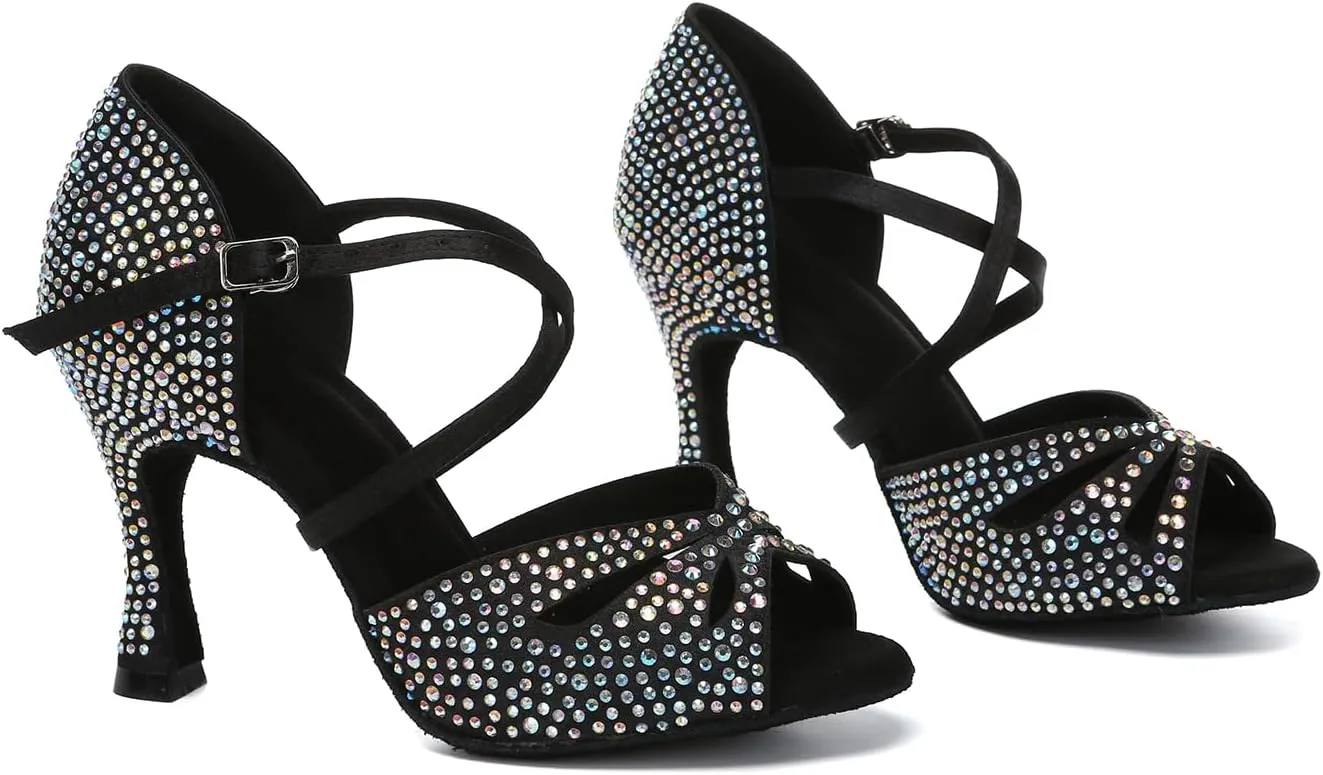 DKZSYIM Rhinestone Women Ballroom Latin Dance Shoes Salsa Tango Party Dance Shoes,Model YC-L642
