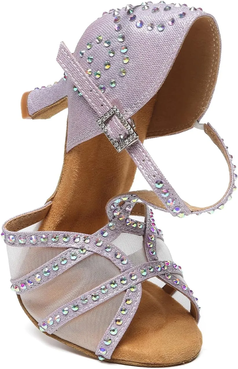 DKZSYIM Women Rhinestone T-Strap Latin Dance Shoes Salsa Tango Party Practice Ballroom Shoes,Model YC-L641