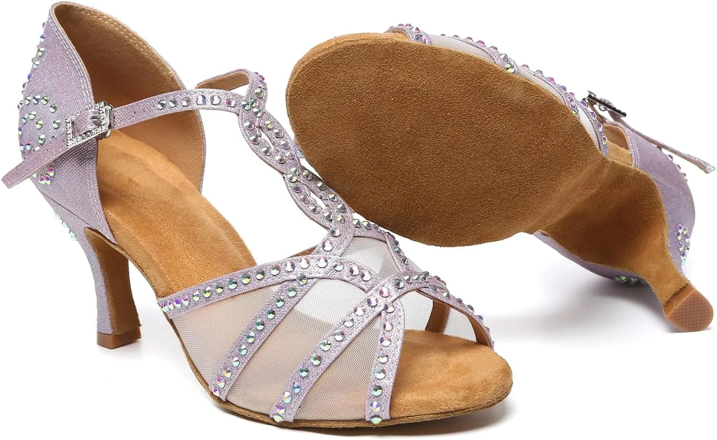 DKZSYIM Women Rhinestone T-Strap Latin Dance Shoes Salsa Tango Party Practice Ballroom Shoes,Model YC-L641
