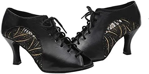 DKZSYIM Women's Peep Toe Practice/Performance Ballroom Dance Shoes Latin Shoes Suede Sole,Model QJW5006