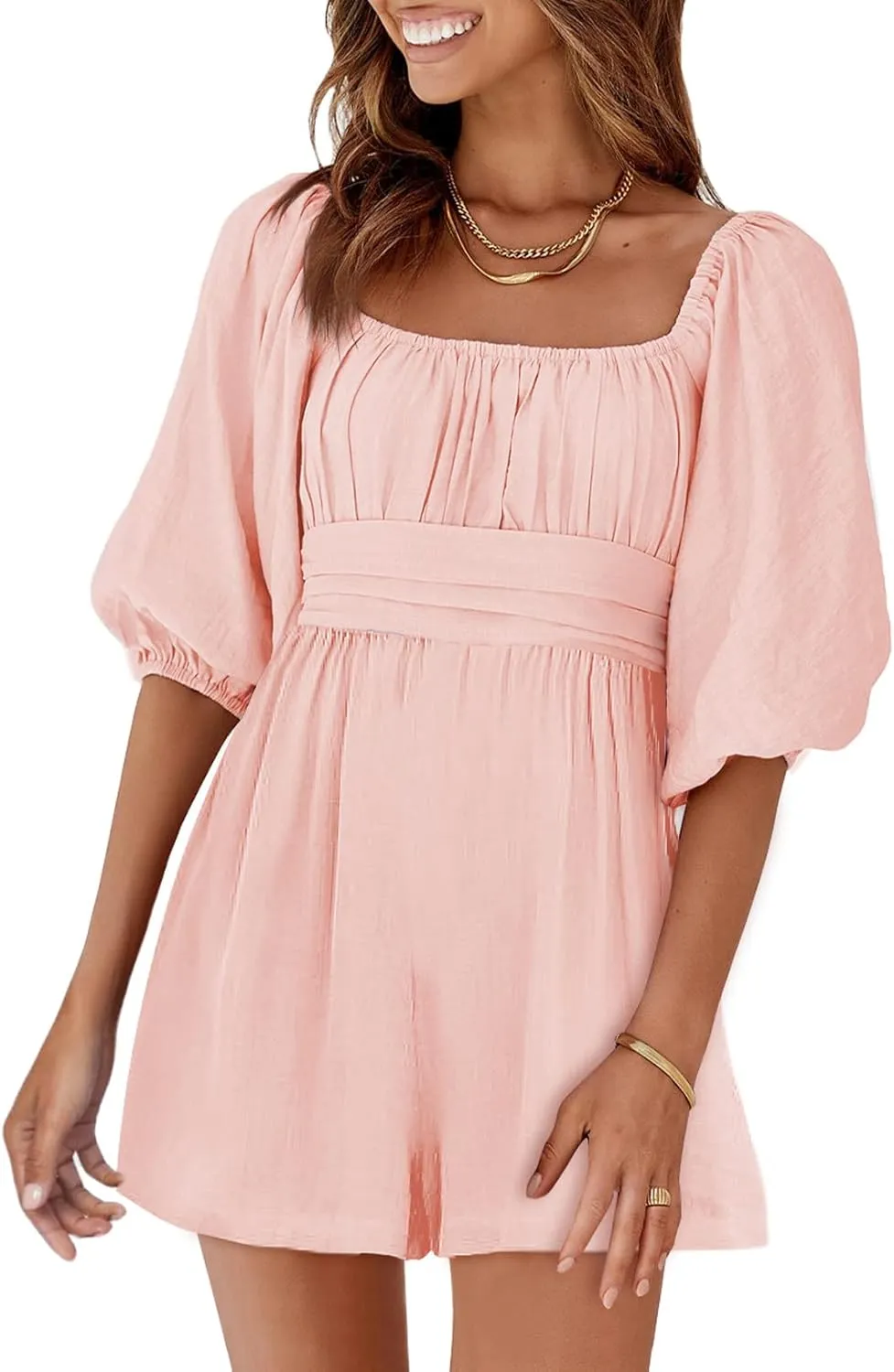 Dokotoo Women's Rompers Lantern Sleeves Ruffle High Waisted Short Back Tie Jumpsuit Square Neck One Piece Playsuits
