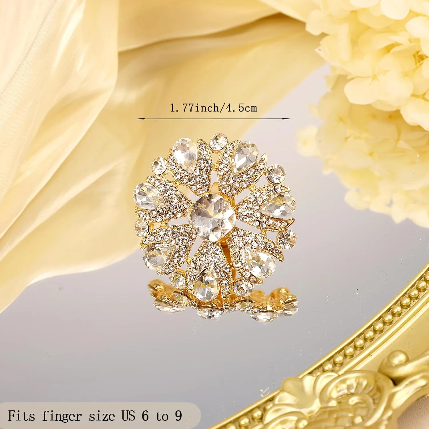 Elegant Big Crystal Ring for Women Gold Stacking Pearl Rhinestone Flower Rings Open Finger Adjustable Crystal Statement Ring Jewelry for Bridal Wedding