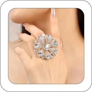 Elegant Big Crystal Ring for Women Gold Stacking Pearl Rhinestone Flower Rings Open Finger Adjustable Crystal Statement Ring Jewelry for Bridal Wedding