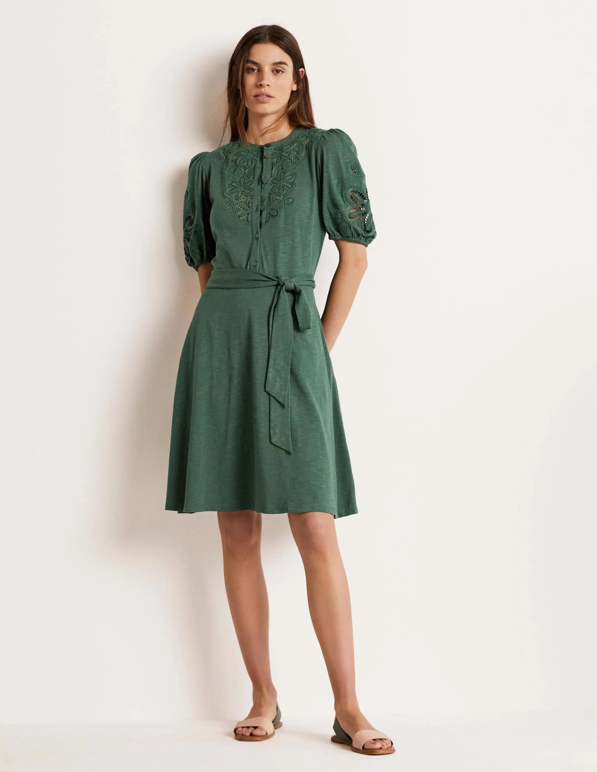 Embroidered Jersey Shirt Dress-Trekking Green