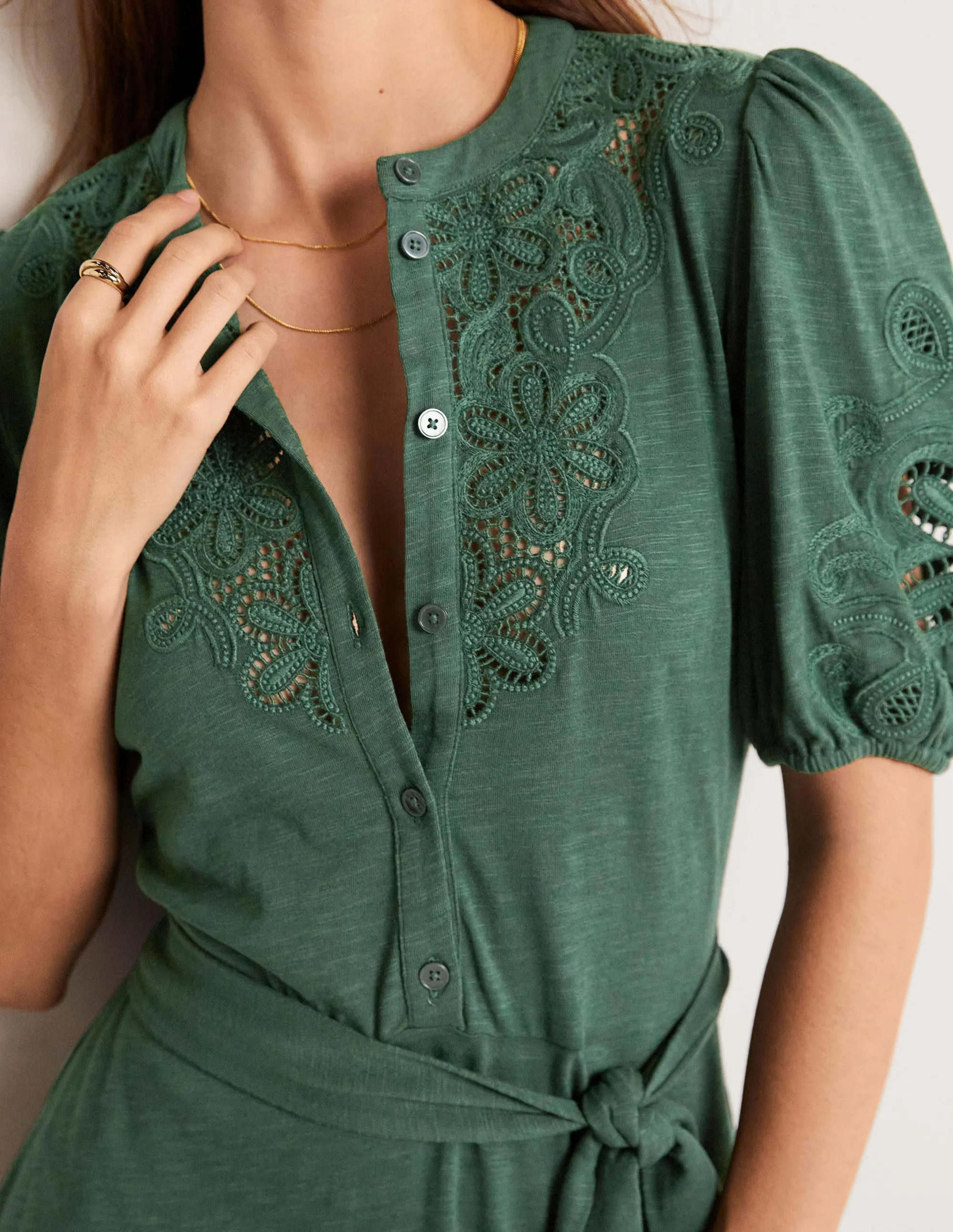 Embroidered Jersey Shirt Dress-Trekking Green