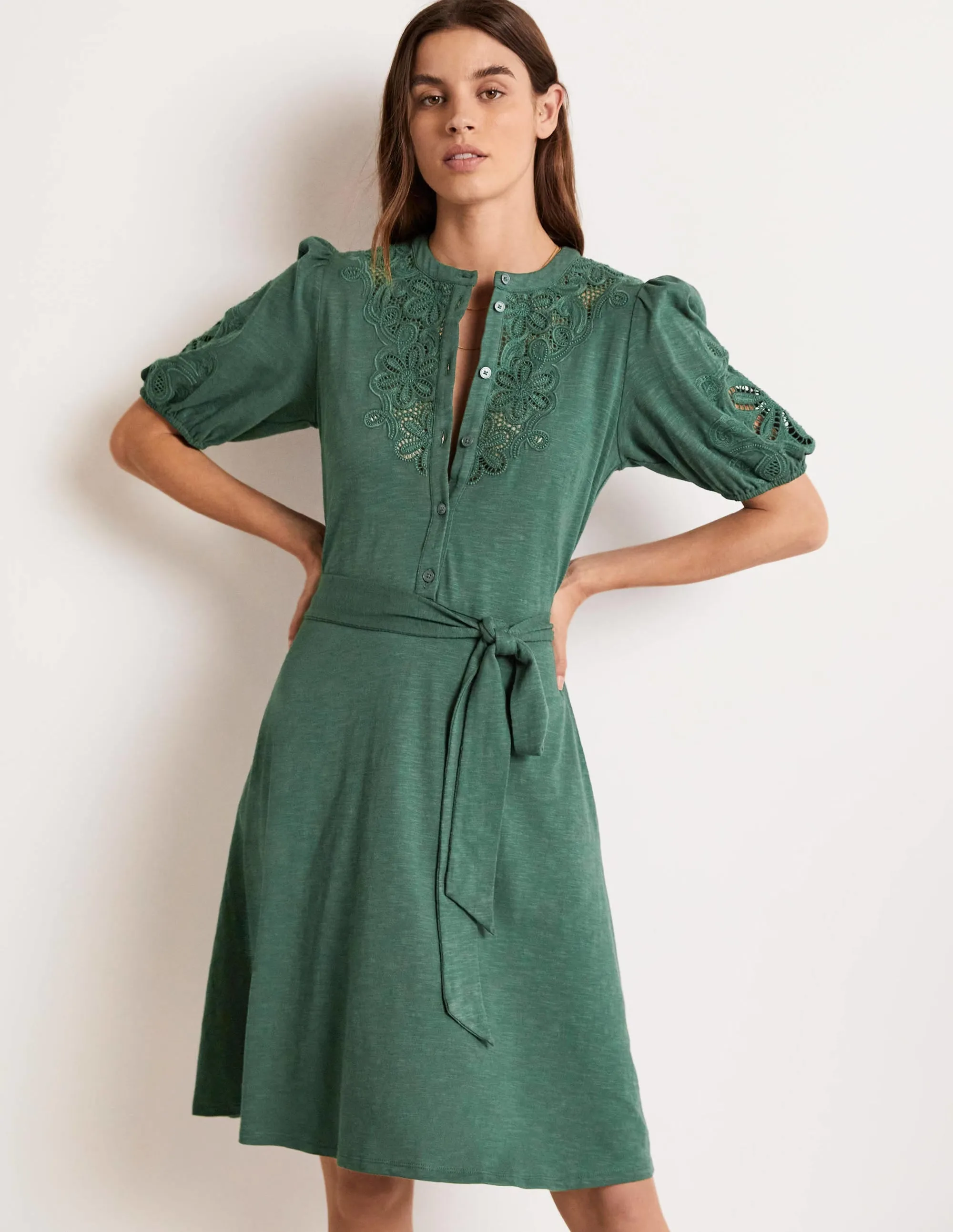 Embroidered Jersey Shirt Dress-Trekking Green
