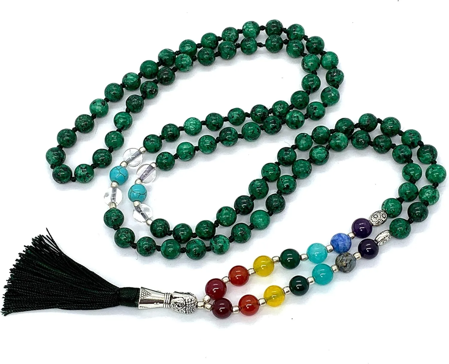 Energized 7 Chakra mala Hand Knotted 108 mala beads necklaces - Japa mala - Buddhist prayer beads - Meditation beads - Healing crystals for men women (Verd Green Jade 4th chakra Heart Chakra Mala)