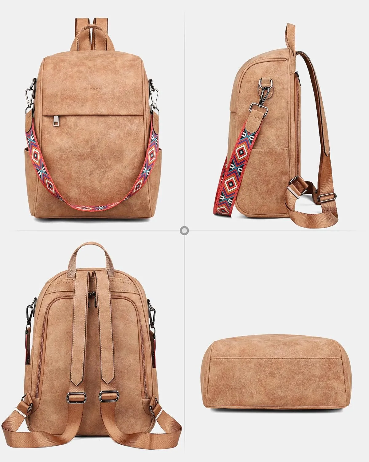 FADEON Anti Theft Backpack for Women Faux Leather Backpack Purse, Back Opening Backpacks Medium Fashion Work Bag Suede Brown