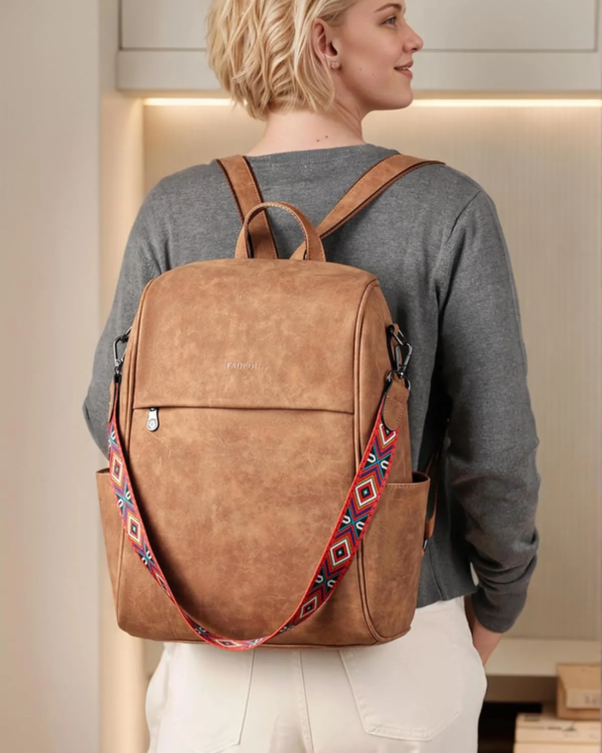 FADEON Anti Theft Backpack for Women Faux Leather Backpack Purse, Back Opening Backpacks Medium Fashion Work Bag Suede Brown