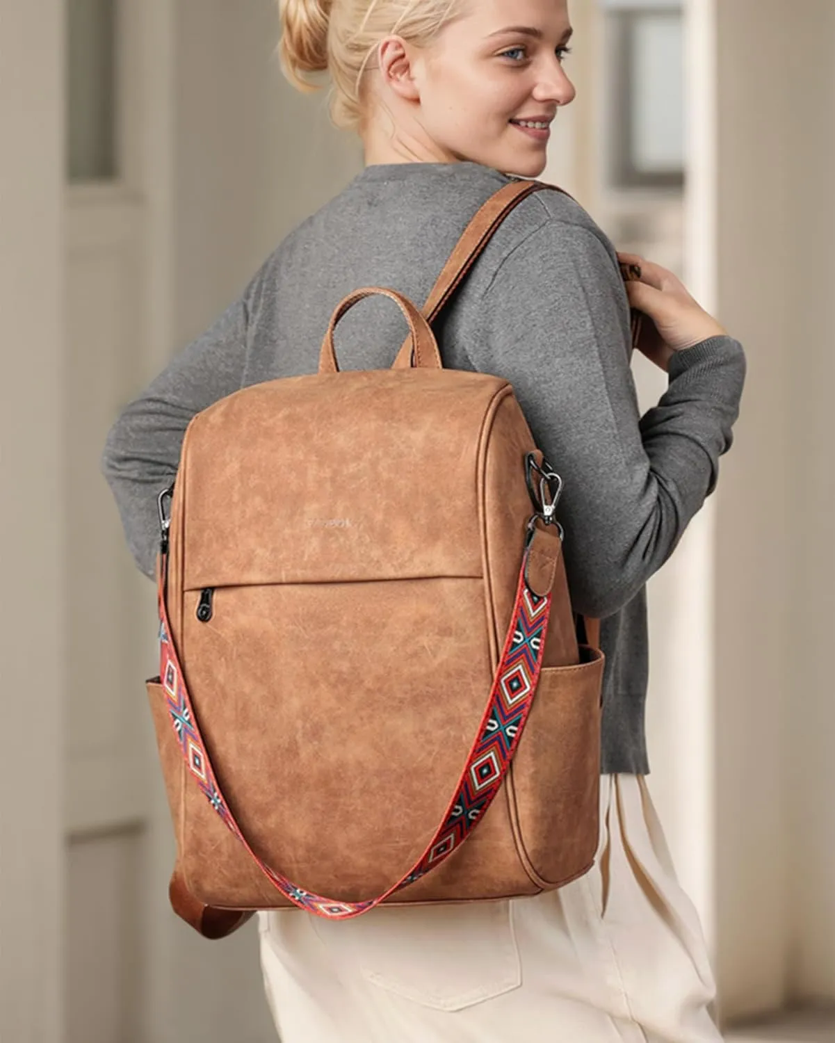 FADEON Anti Theft Backpack for Women Faux Leather Backpack Purse, Back Opening Backpacks Medium Fashion Work Bag Suede Brown