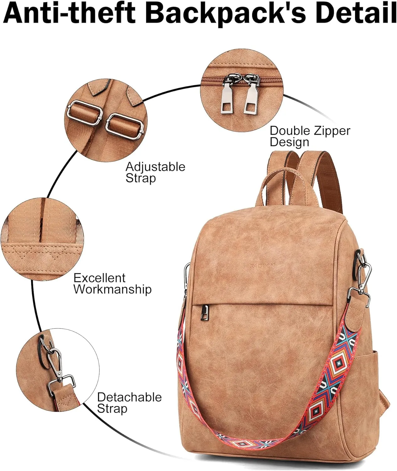 FADEON Anti Theft Backpack for Women Faux Leather Backpack Purse, Back Opening Backpacks Medium Fashion Work Bag Suede Brown