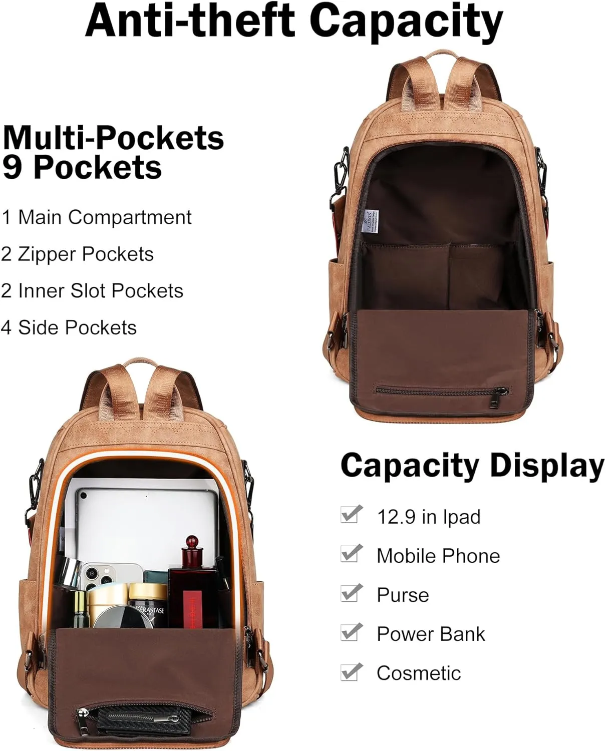 FADEON Anti Theft Backpack for Women Faux Leather Backpack Purse, Back Opening Backpacks Medium Fashion Work Bag Suede Brown
