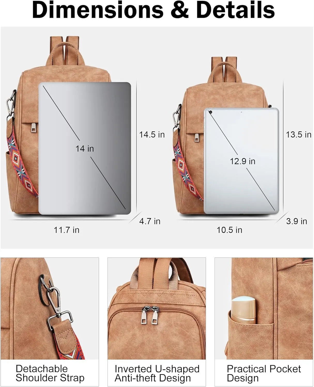 FADEON Anti Theft Backpack for Women Faux Leather Backpack Purse, Back Opening Backpacks Medium Fashion Work Bag Suede Brown