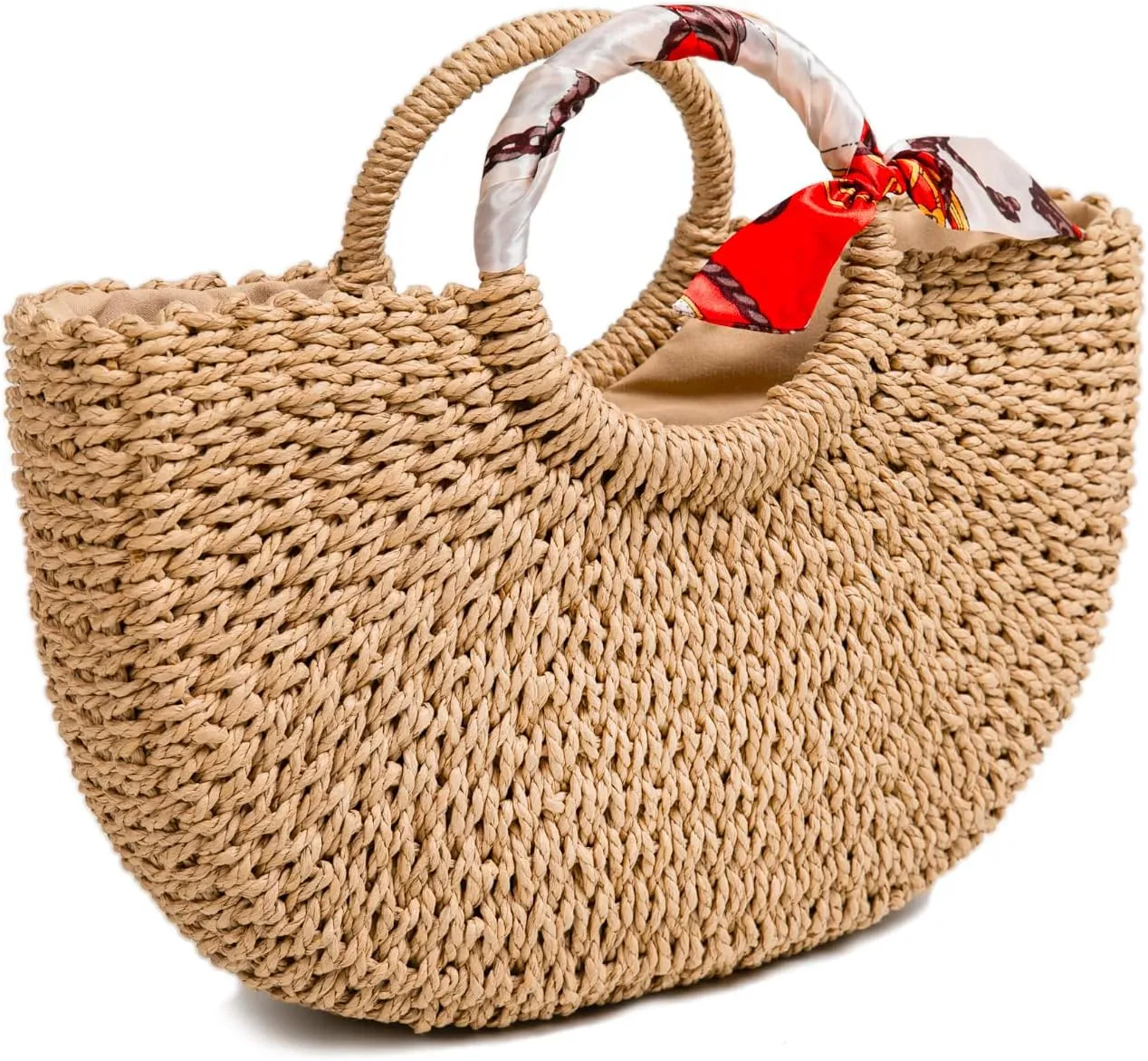 FARVALUE Summer Womens Beach Straw Bag Handwoven Straw Tote Casual Handbag with Silk Ribbon
