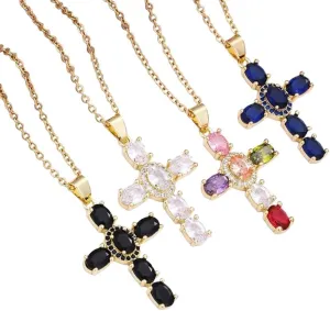 Fashion Colored Jesus Cross Pendant Necklace Stainless Steel Chain Christian Women Jewelry Gift DANS04903