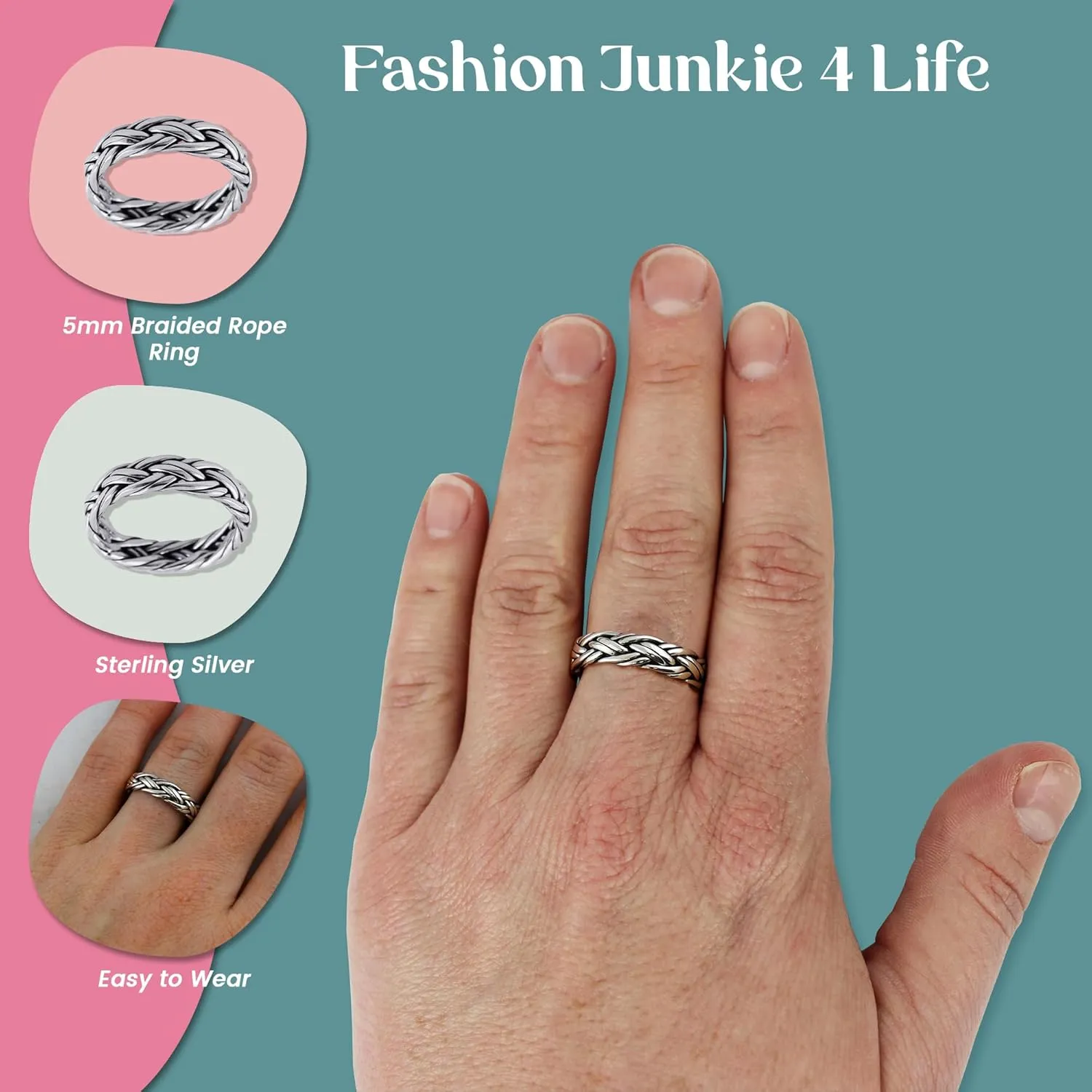 FashionJunkie4Life Sterling Silver 5mm Braided Ring Band - Unisex - Sizes 8-17
