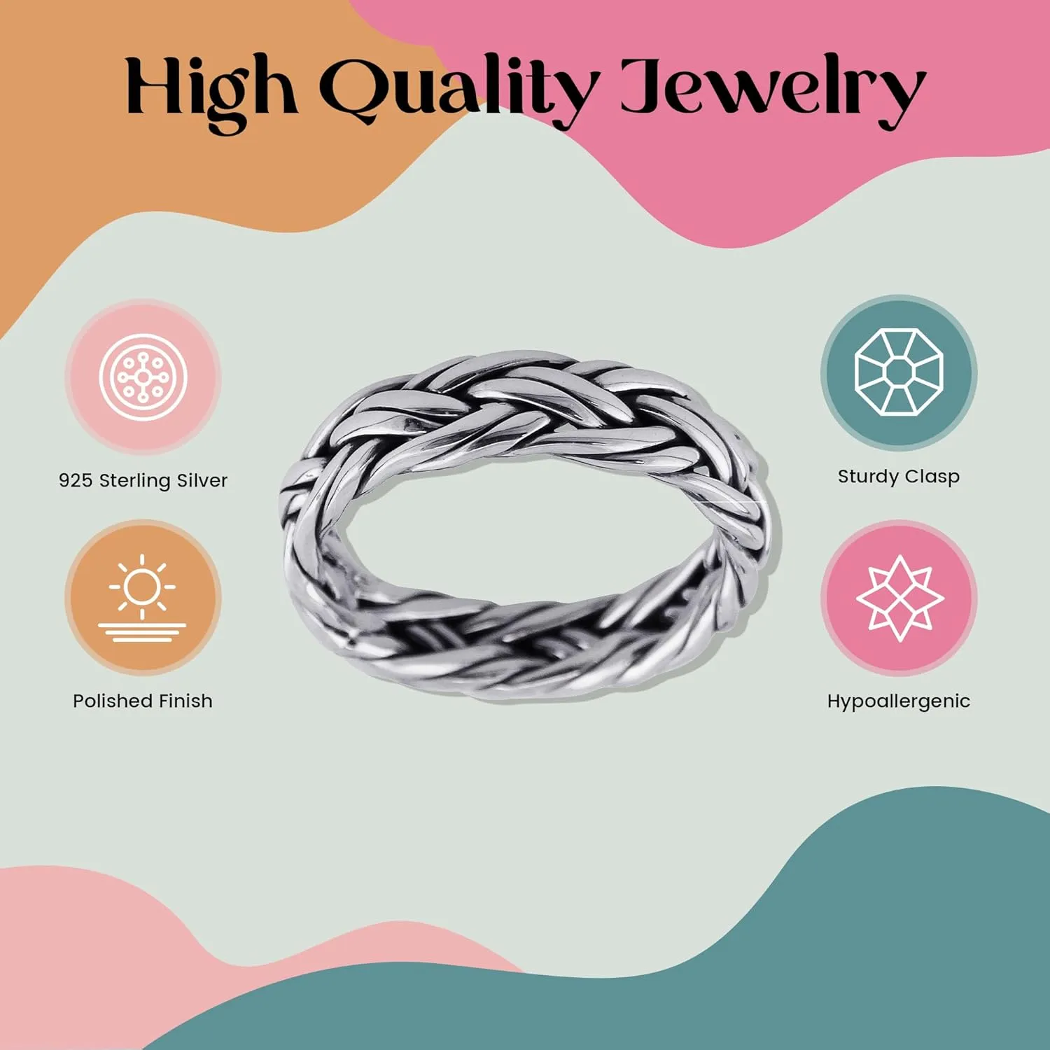 FashionJunkie4Life Sterling Silver 5mm Braided Ring Band - Unisex - Sizes 8-17