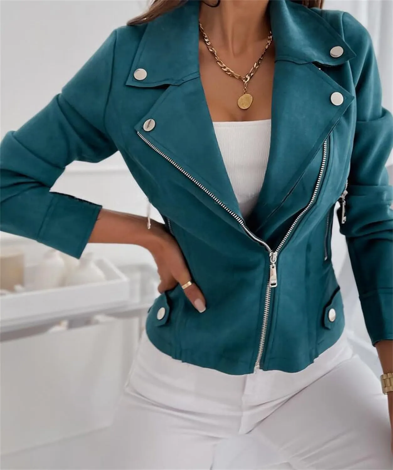 Faux Leather Jacket Jackets Moto Biker Motocycle Coat Long Sleeve Zipper Short Moto Biker Coat Faux Suede Biker Coat