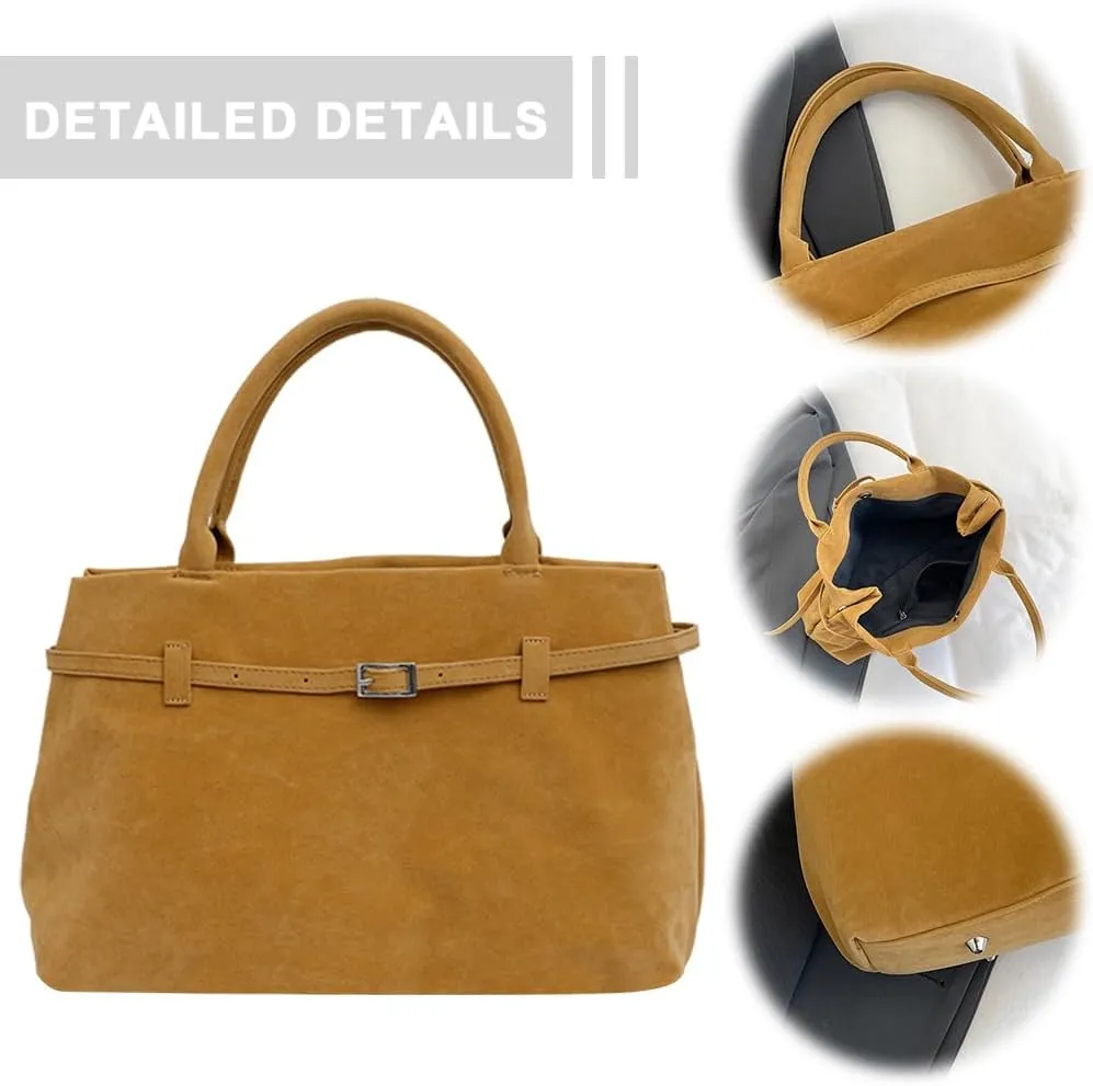 Faux Suede Tote Bag for Women Vintage Suede Top Handle Bag Large Suede Tote Bag Bucket Handbag Retro Suede Purse