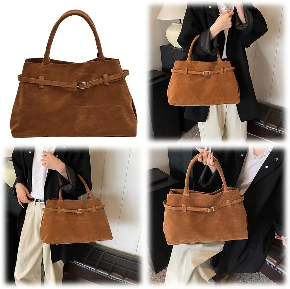Faux Suede Tote Bag for Women Vintage Suede Top Handle Bag Large Suede Tote Bag Bucket Handbag Retro Suede Purse