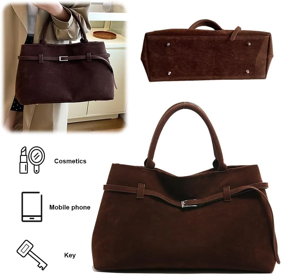 Faux Suede Tote Bag for Women Vintage Suede Top Handle Bag Large Suede Tote Bag Bucket Handbag Retro Suede Purse