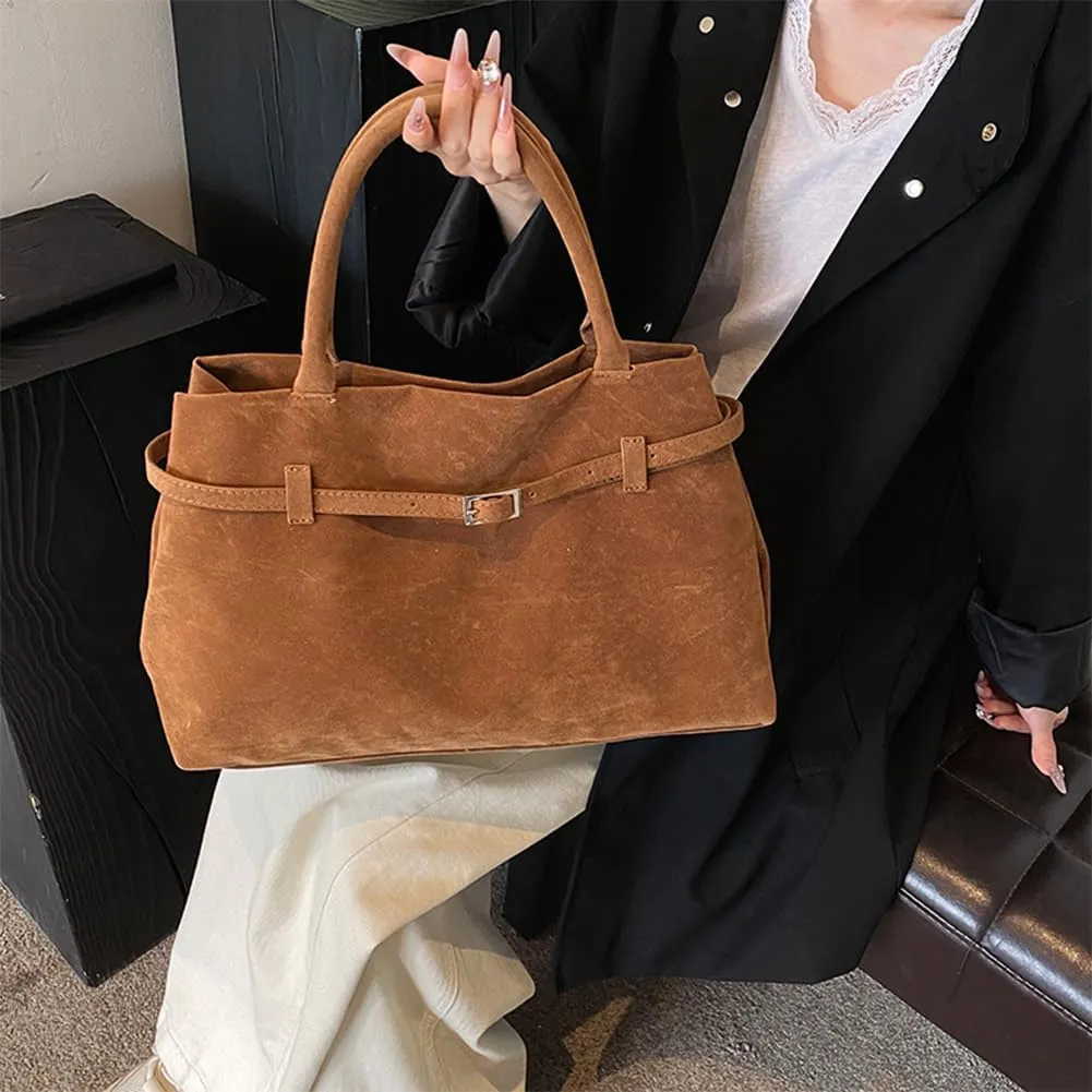 Faux Suede Tote Bag for Women Vintage Suede Top Handle Bag Large Suede Tote Bag Bucket Handbag Retro Suede Purse