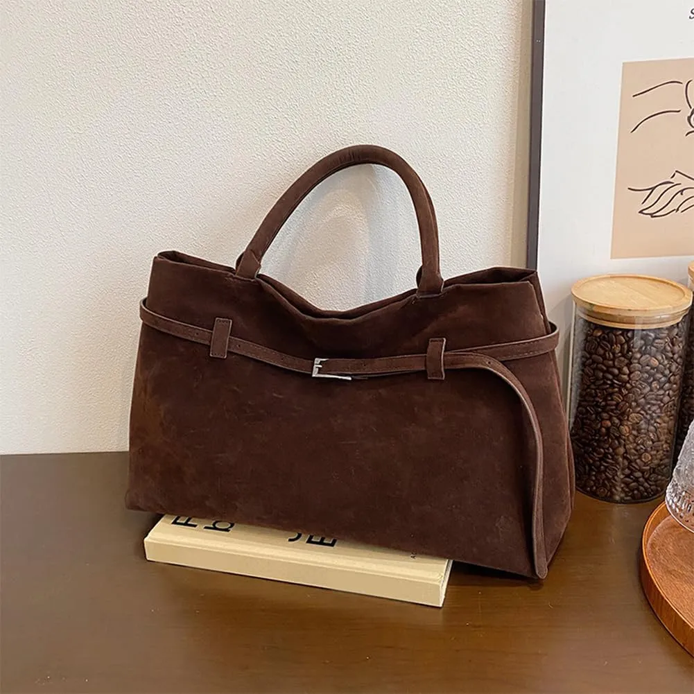 Faux Suede Tote Bag for Women Vintage Suede Top Handle Bag Large Suede Tote Bag Bucket Handbag Retro Suede Purse