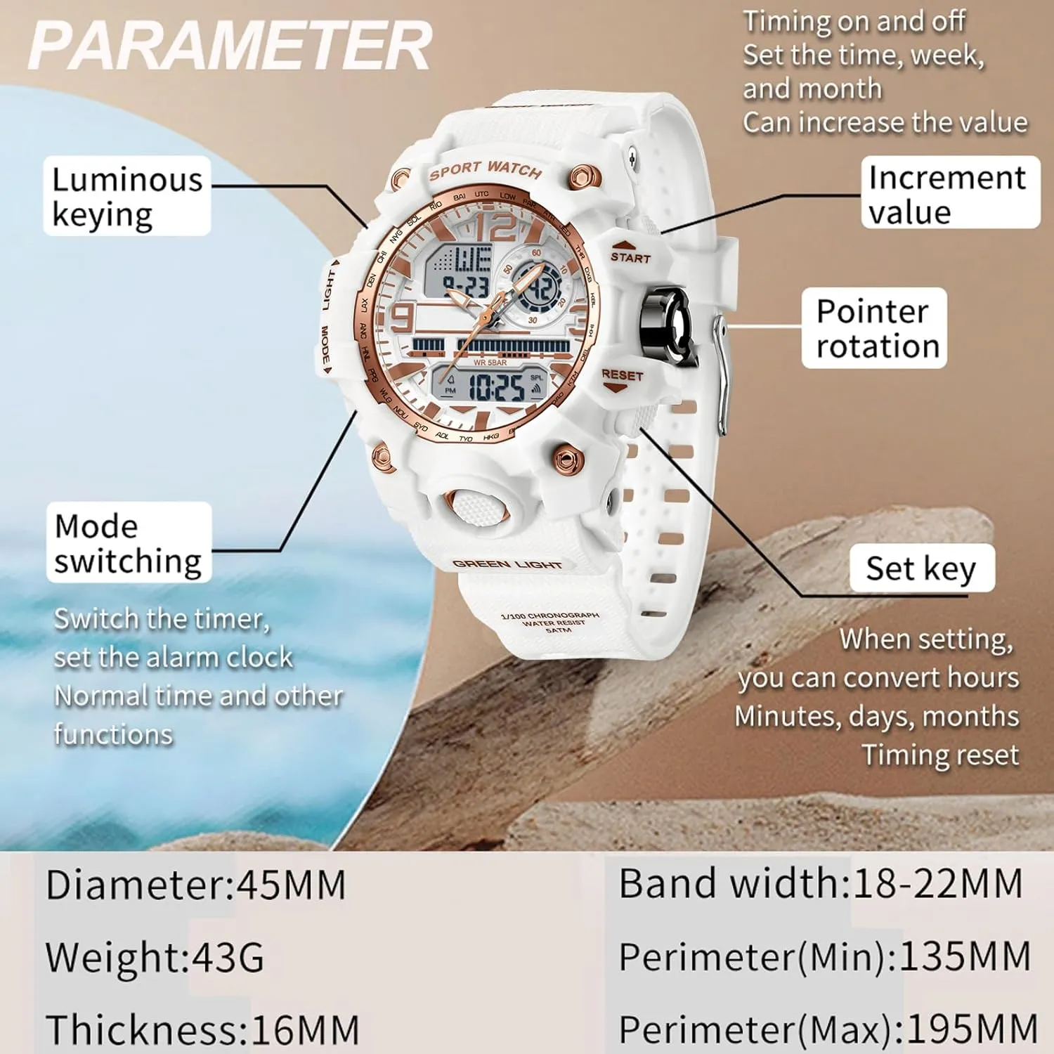 findtime Women's Sport Watch Digital Waterproof Watches Military Watches Analog Outdoor Wrist Watch LED Luminous Alarm Stopwatch Dual Time Wristwatch