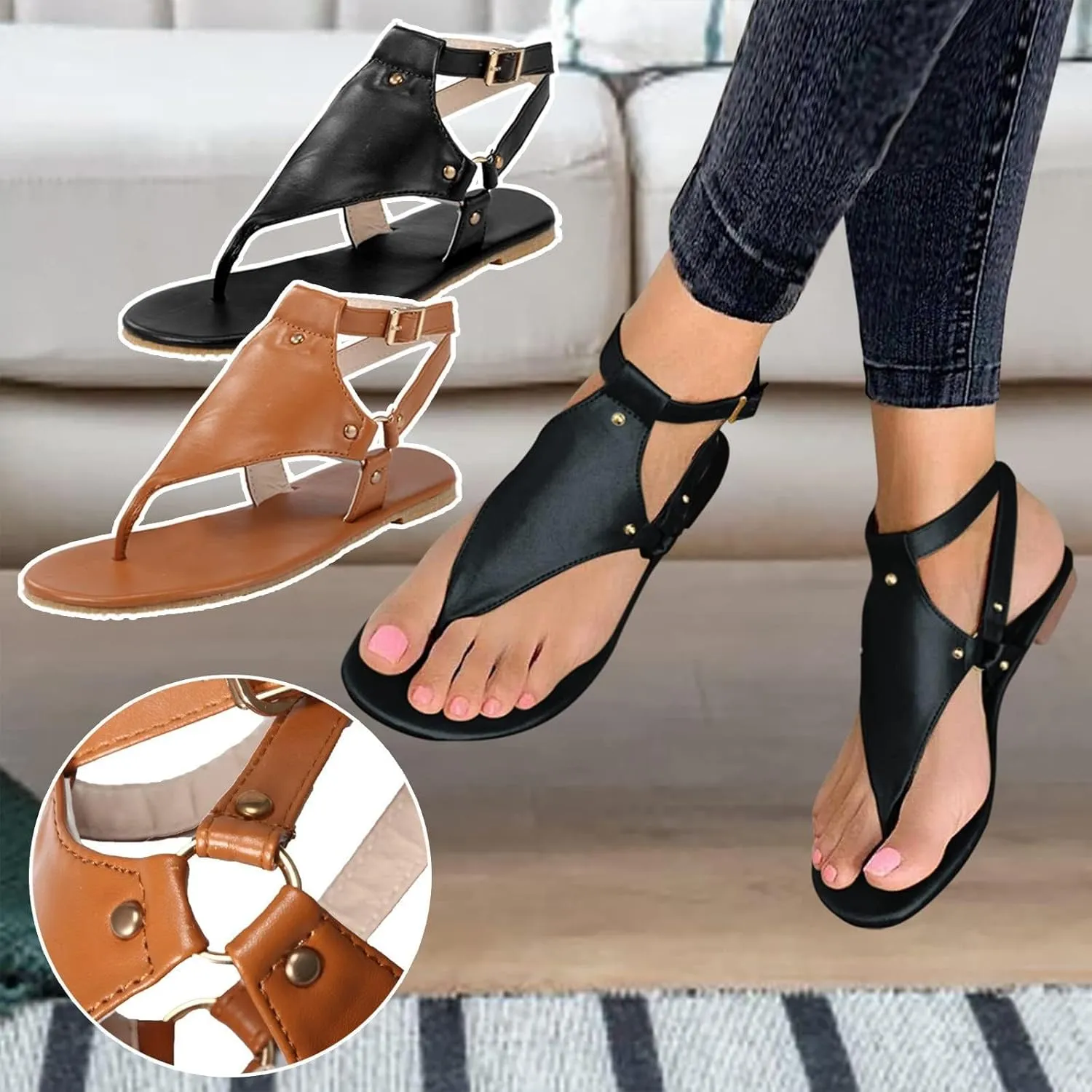 Flat Sandals for Women Roman Slide Slippers Comfortable Ankle Strap T-Strap Flip Flops Beach Outdoor Gladiator Shoes
