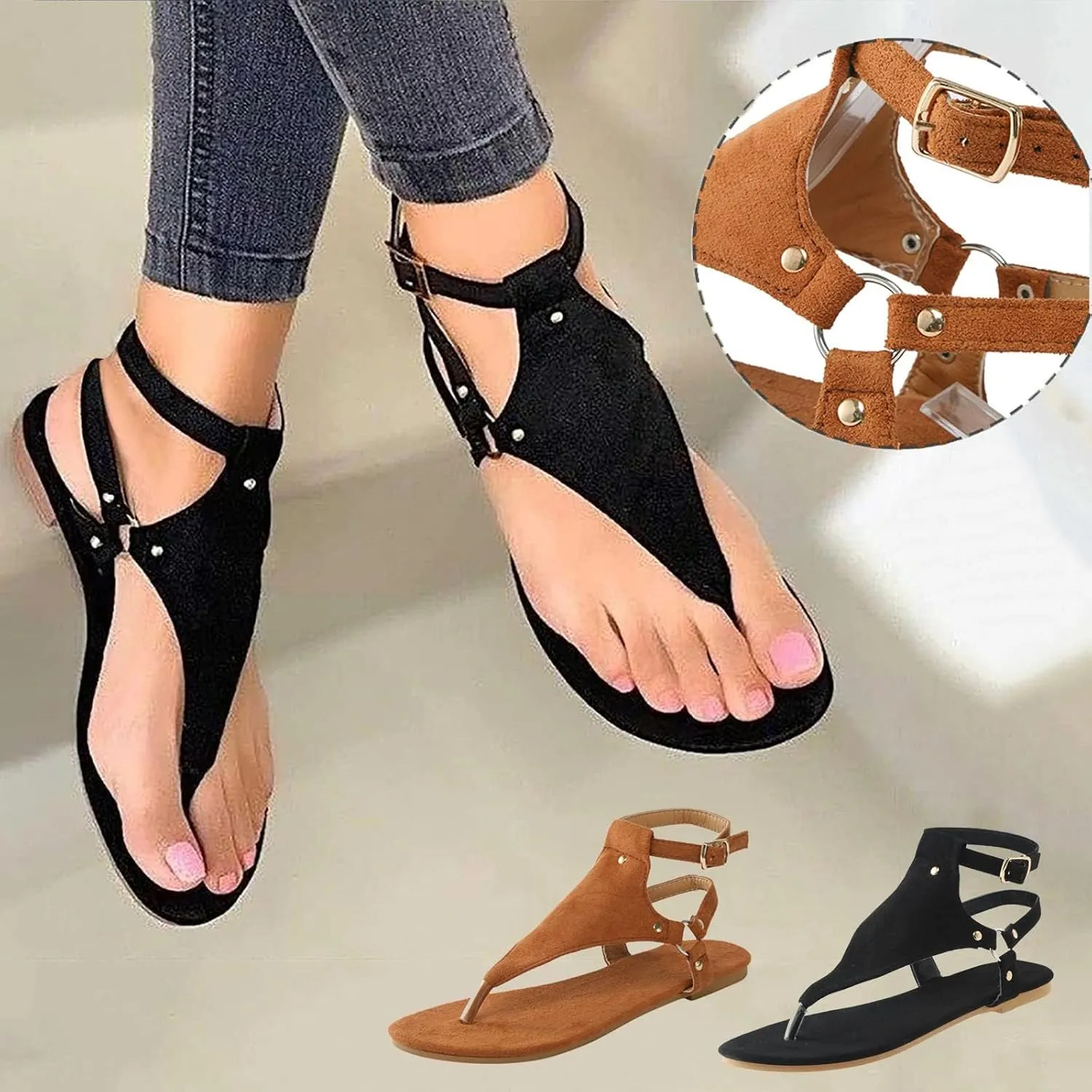 Flat Sandals for Women Roman Slide Slippers Comfortable Ankle Strap T-Strap Flip Flops Beach Outdoor Gladiator Shoes