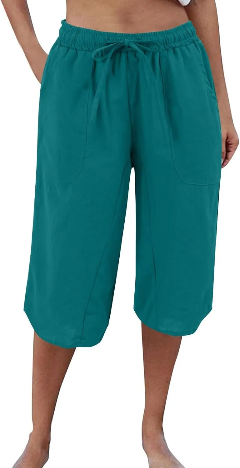 FlekmanArt Womens Capris for Summer Cotton Linen Pants Casual 2025 Loose Comfy Elastic Waist Cropped Trouser Beach Clothes