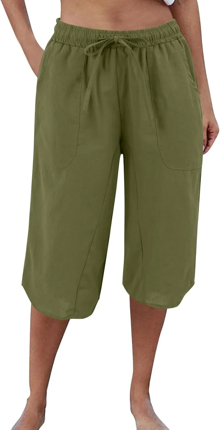 FlekmanArt Womens Capris for Summer Cotton Linen Pants Casual 2025 Loose Comfy Elastic Waist Cropped Trouser Beach Clothes