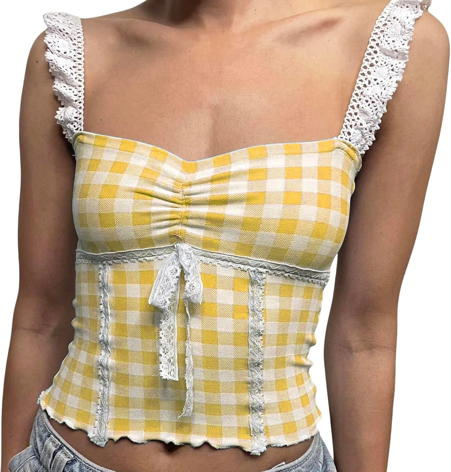 Floral Print Camisole for Women Y2k Lace Trim Spaghetti Strap Plaid Tank Top Cute Backless Tie Up Crop Top Clubwear
