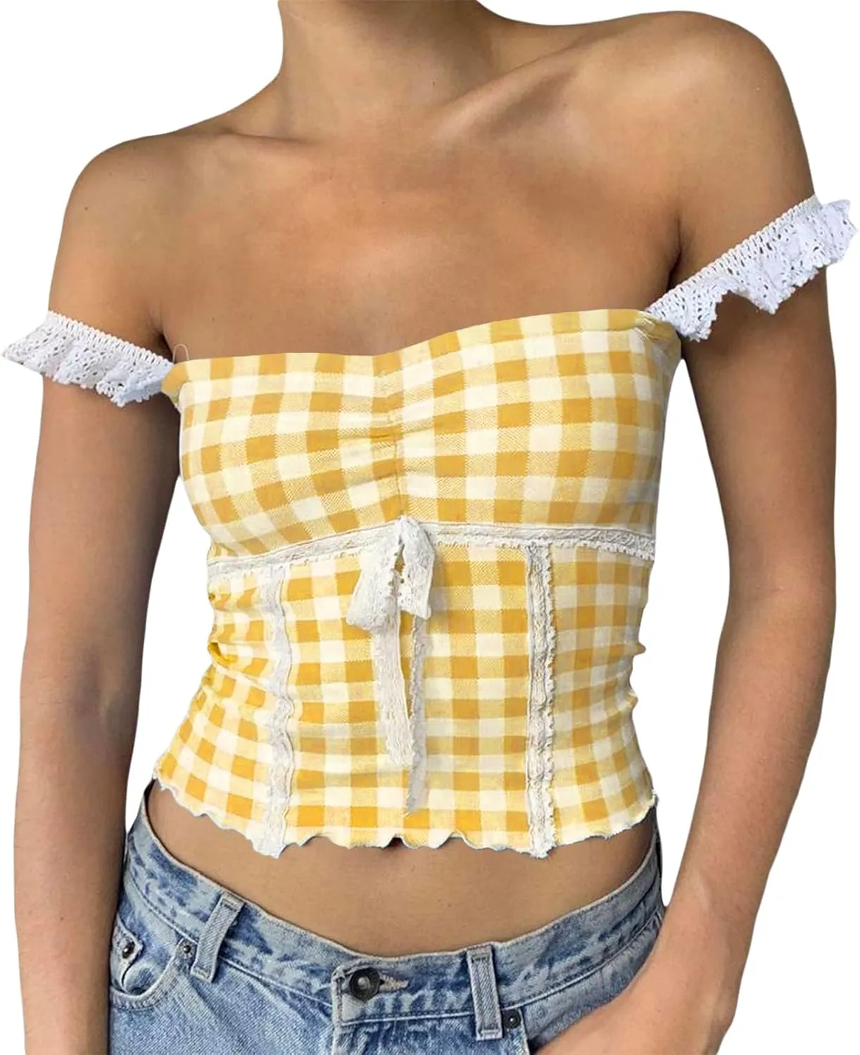 Floral Print Camisole for Women Y2k Lace Trim Spaghetti Strap Plaid Tank Top Cute Backless Tie Up Crop Top Clubwear