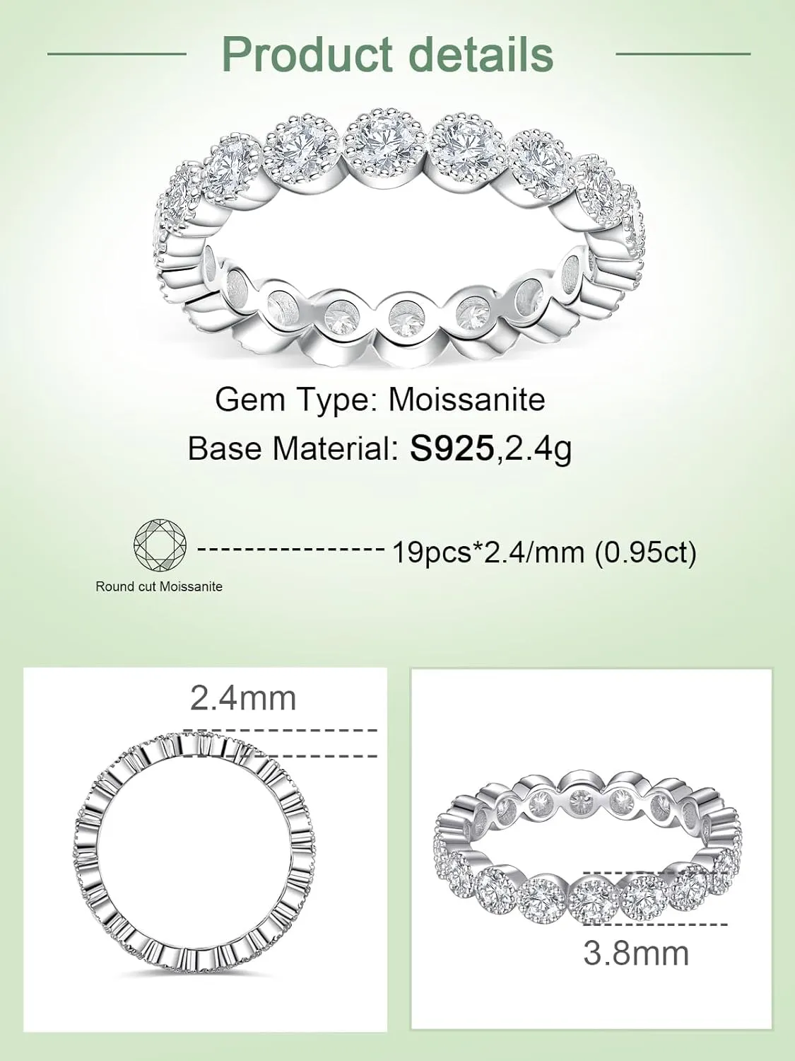 FWM Moissanite and Sapphire/Ruby/Emerald Eternity Rings for Women, Solid 925 Sterling Silver, Stackable Wedding Band, Anniversary Valentines Mother's Day Gifts, Size 4-11