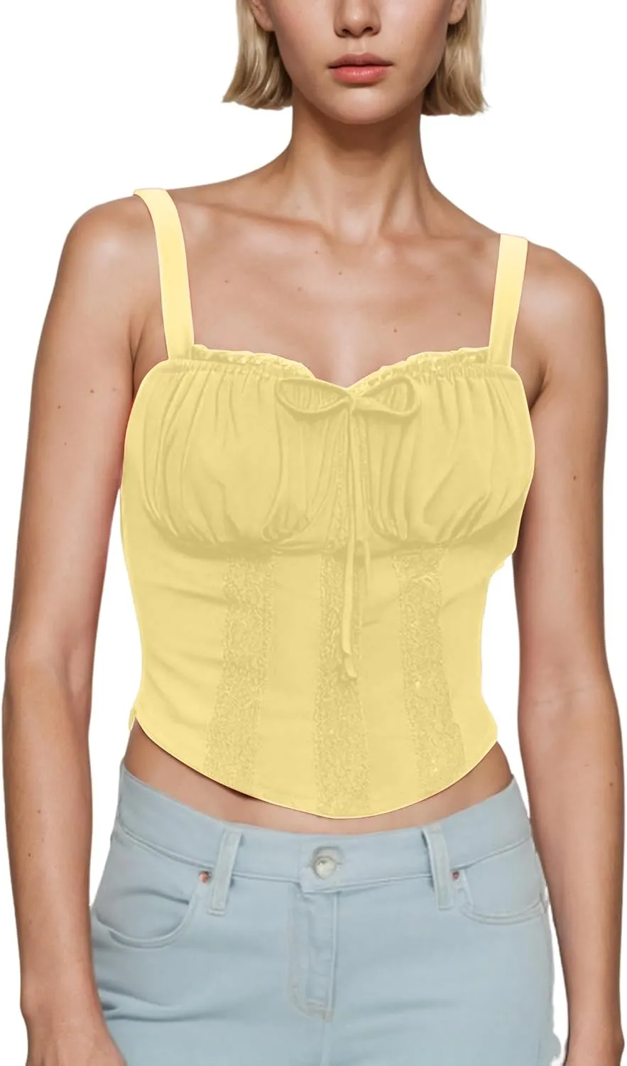 FYMNSI Women Corset Lace Up Cami Crop Top Sexy Slim Bodyshaper Bustier Tees Shirt Blouse Spaghetti Strap Backless Summer Tops