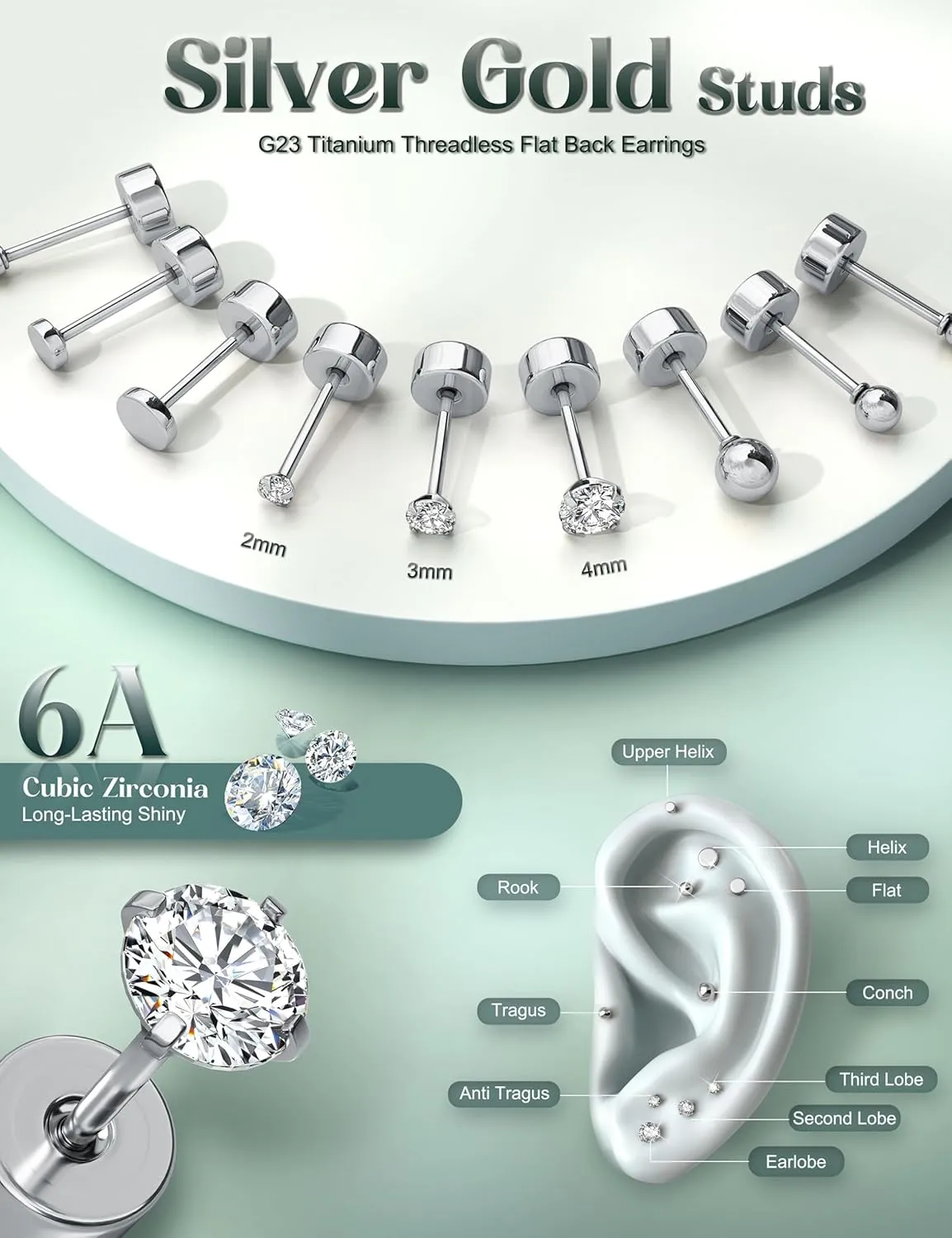 G23 Titanium Hypoallergenic Earrings for Women Men Threadless Flat Back Earrings Gold Silver Earrings Studs Flatback Tiny 2mm/3mm/4mm CZ Ball Dot Cartilage Earring Tragus Helix Piercing Jewelry