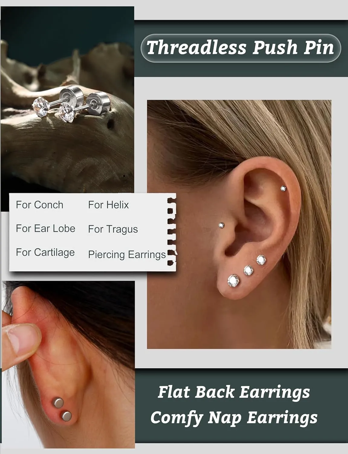 G23 Titanium Hypoallergenic Earrings for Women Men Threadless Flat Back Earrings Gold Silver Earrings Studs Flatback Tiny 2mm/3mm/4mm CZ Ball Dot Cartilage Earring Tragus Helix Piercing Jewelry
