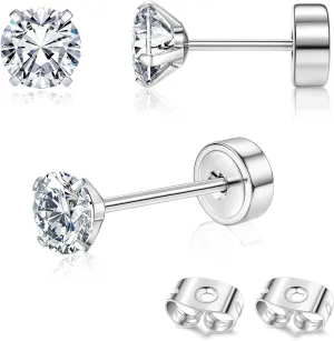 G23 Titanium Hypoallergenic Earrings for Women Men Threadless Flat Back Earrings Gold Silver Earrings Studs Flatback Tiny 2mm/3mm/4mm CZ Ball Dot Cartilage Earring Tragus Helix Piercing Jewelry
