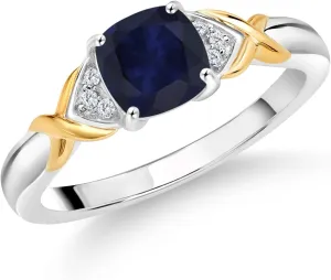 Gem Stone King 925 Sterling Silver and 10K Yellow Gold 2 Tone Blue Sapphire and White Lab Grown Diamond Engagement Ring For Women (1.33 Cttw, Cushion 6MM, Available In Size 5, 6, 7, 8, 9)