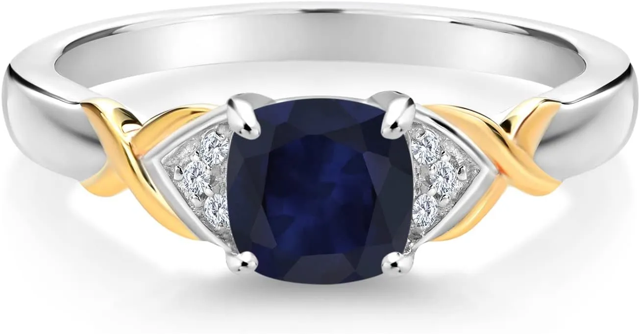 Gem Stone King 925 Sterling Silver and 10K Yellow Gold 2 Tone Blue Sapphire and White Lab Grown Diamond Engagement Ring For Women (1.33 Cttw, Cushion 6MM, Available In Size 5, 6, 7, 8, 9)