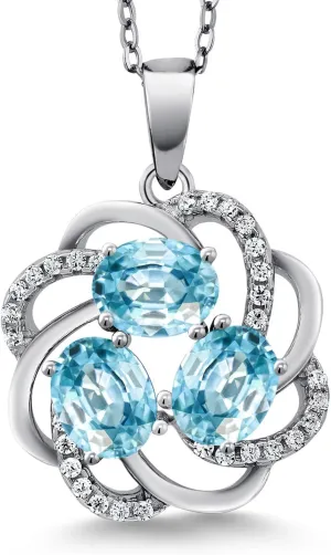 Gem Stone King 925 Sterling Silver Blue Zircon 3 Stone Spiral Pendant Necklace For Women (2.60 Cttw, Gemstone Birthstone, with 18 Inch Silver Chain)