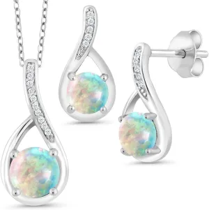 Gem Stone King 925 Sterling Silver Round Gemstone Birthstone and White Diamond Pendant and Earrings Jewelry Set For Women (With 18 Inch Chain)