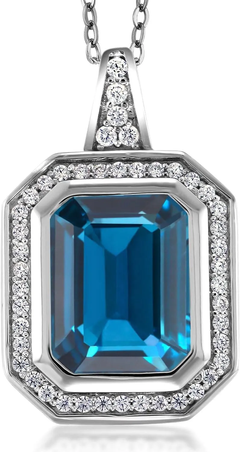 Gem Stone King Gemstone Birthstone Pendant Necklace for Women | 11X9MM Emerald Cut | 925 Sterling Silver | With 18 Inch Silver Chain | Fine Jewelry Gifts for Her Mom Women Wife